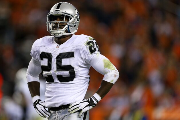 DENVER, CO - SEPTEMBER 23:  Cornerback DJ Hayden #25 of the Oakland Raiders reacts after a Denver Broncos first down during the third quarter at Sports Authority Field Field at Mile High on September 23, 2013 in Denver, Colorado. The Broncos defeated the Raiders 37-21. (Photo by Justin Edmonds/Getty Images)