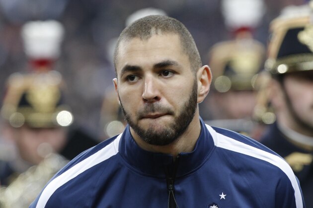 Karim Benzema of France pose before the international friendly match between France and Netherlands at the Stade de France stadium, outside Paris, Wednesday, March 5, 2014. (AP Photo/Christophe Ena)