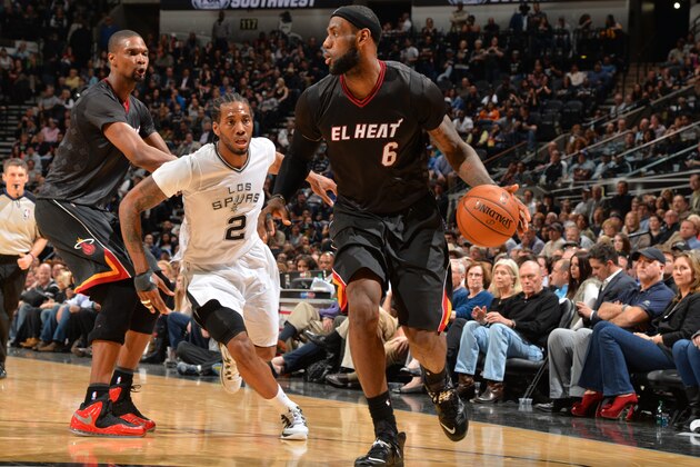 SAN ANTONIO, TX - MARCH 6: LeBron James #6 of the Miami Heat handles the ball against the San Antonio Spurs at the AT&T Center March 6, 2014 in San Antonio, Texas. NOTE TO USER: User expressly acknowledges and agrees that, by downloading and or using this photograph, User is consenting to the terms and conditions of the Getty Images License Agreement. Mandatory Copyright Notice: Copyright 2014 NBAE (Photo by Jesse D. Garrabrant/NBAE via Getty Images) SAN ANTONIO, TX - MARCH 6: LeBron James #6 of the Miami Heat handles the ball against the San Antonio Spurs at the AT&T Center March 6, 2014 in San Antonio, Texas. NOTE TO USER: User expressly acknowledges and agrees that, by downloading and or using this photograph, User is consenting to the terms and conditions of the Getty Images License Agreement. Mandatory Copyright Notice: Copyright 2014 NBAE (Photo by Jesse D. Garrabrant/NBAE via Getty Images)