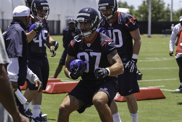 May 17, 2014; Houston, TX, USA; Houston Texans tight end C.J. Fiedorwicz (87) participates in rookie mini-camp at Methodist Training Center. Mandatory Credit: Troy Taormina-USA TODAY Sports