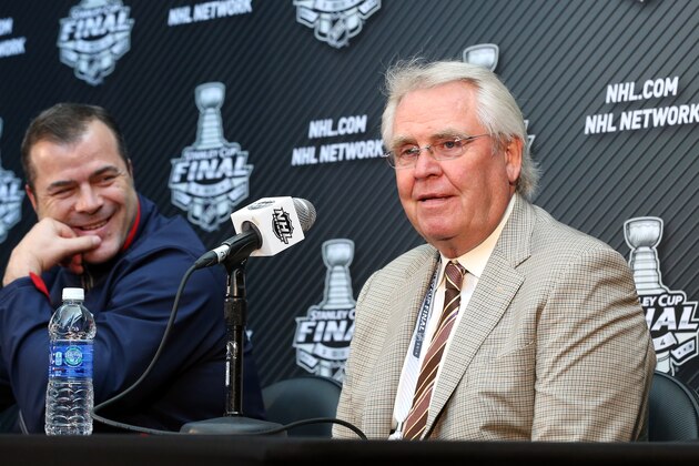 LOS ANGELES, CA - JUNE 03:  Glen Sather, President and General Manager of the New York Rangers, speaks during Media Day for the 2014 NHL Stanley Cup Final at Staples Center on June 3, 2014 in Los Angeles, California.  (Photo by Bruce Bennett/Getty Images)