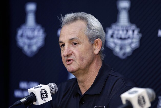 Los Angeles Kings head coach Darryl Sutter speaks during a news conference on Tuesday, June 3, 2014, in Los Angeles. The Kings play the New York Rangers in Game 1 of the NHL Stanley Cup Final hockey series Wednesday. (AP Photo/Jae C. Hong)