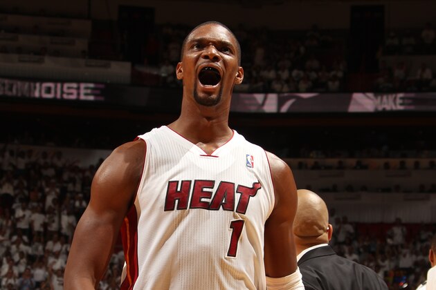 MIAMI, FL - MAY 30: Chris Bosh #1 of the Miami Heat celebrates against the Indiana Pacers in Game Six of the Eastern Conference Finals during the 2014 NBA Playoffs on May 30, 2014 in Miami, Fl. NOTE TO USER: User expressly acknowledges and agrees that, by downloading and or using this photograph, User is consenting to the terms and conditions of the Getty Images License Agreement. Mandatory Copyright Notice: Copyright 2014 NBAE  (Photo by Issac Baldizon/NBAE via Getty Images)