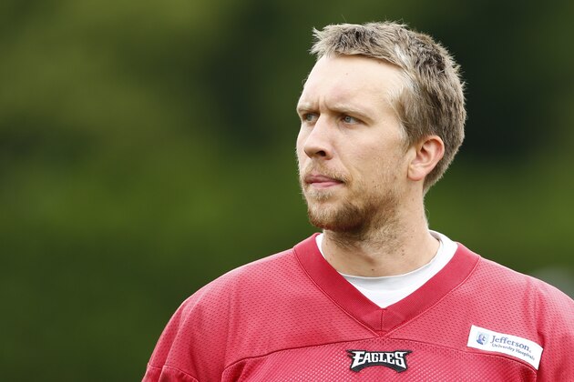 Philadelphia Eagles quarterback Nick Foles walks off the field after an NFL football organized team activity Thursday, May 29, 2014, in Philadelphia. (AP Photo/Matt Rourke)
