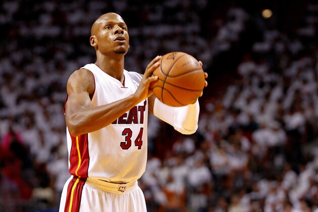 MIAMI, FL - MAY 26: Ray Allen #34 of the Miami Heat takes a foul shot against the Indiana Pacers during Game Four of the Eastern Conference Finals of the 2014 NBA Playoffs at American Airlines Arena on May 26, 2014 in Miami, Florida. NOTE TO USER: User expressly acknowledges and agrees that, by downloading and or using this photograph, User is consenting to the terms and conditions of the Getty Images License Agreement.  (Photo by Mike Ehrmann/Getty Images)