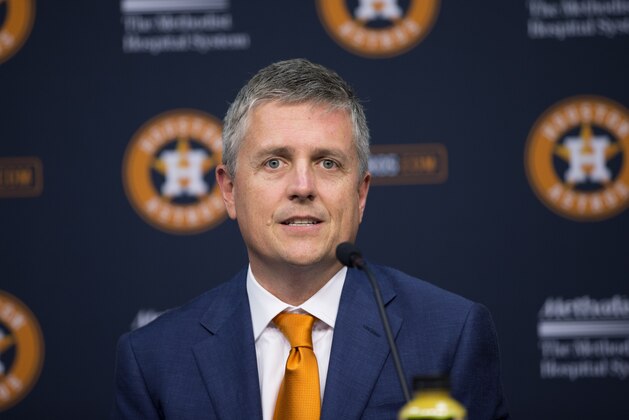 Houston Astros general manager Jeff Luhnow speaks during a news conference Wednesday, June 19, 2013 in Houston, to announce they have signed pitcher Mark Appel. Appel was selected with the first overall pick in the 2013 MLB First-Year Player Draft. (AP Photo/David J. Phillip)