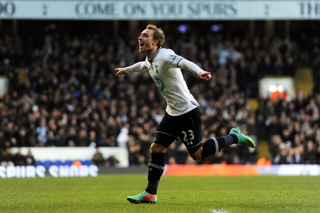 LONDON, ENGLAND - DECEMBER 26:  Christian Eriksen of Spurs celebrates after scoring the opening goal from a free kick during the Barclays Premier League match between Tottenham Hotspur and West Bromwich Albion on December 26 2013 in London, England.  (Photo by Steve Bardens/Getty Images)