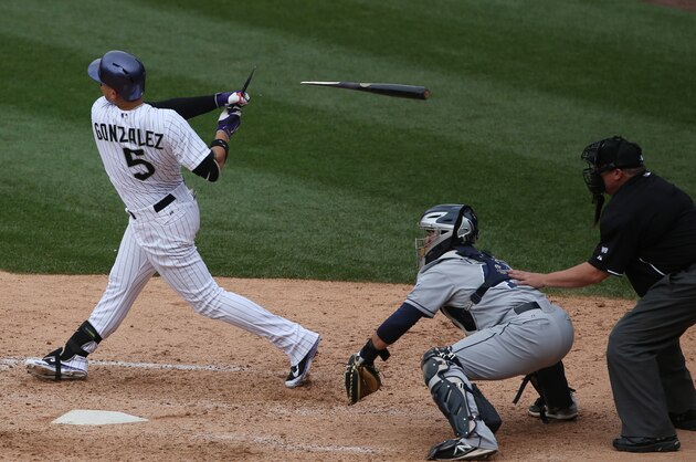 From left, Colorado Rockies' Carlos Gonzalez has his bat break while hitting an RBI-single as San Diego Padres catcher Rene Rivera and home plate umpire Fieldin Culbreth look on in the seventh inning of the Rockies' 8-6 victory in 10 innings of a baseball game in Denver on Sunday, May 18, 2014. (AP Photo/David Zalubowski)