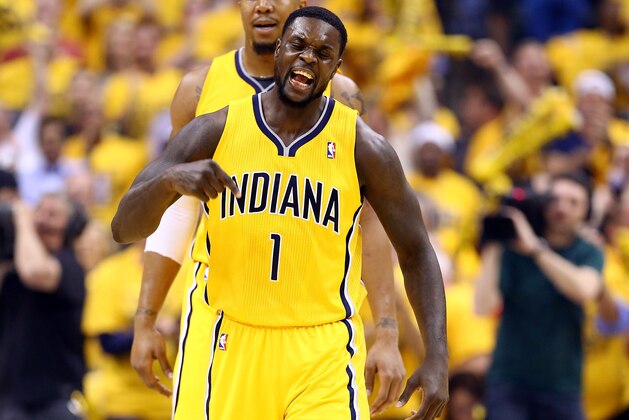 INDIANAPOLIS, IN - MAY 20: Lance Stephenson #1 of the Indiana Pacers celebrates after making a basket against the Miami Heat during Game Two of the Eastern Conference Finals of the 2014 NBA Playoffs at at Bankers Life Fieldhouse on May 20, 2014 in Indianapolis, Indiana. NOTE TO USER: User expressly acknowledges and agrees that, by downloading and or using this photograph, User is consenting to the terms and conditions of the Getty Images License Agreement. (Photo by Andy Lyons/Getty Images) INDIANAPOLIS, IN - MAY 20: Lance Stephenson #1 of the Indiana Pacers celebrates after making a basket against the Miami Heat during Game Two of the Eastern Conference Finals of the 2014 NBA Playoffs at at Bankers Life Fieldhouse on May 20, 2014 in Indianapolis, Indiana. NOTE TO USER: User expressly acknowledges and agrees that, by downloading and or using this photograph, User is consenting to the terms and conditions of the Getty Images License Agreement. (Photo by Andy Lyons/Getty Images)