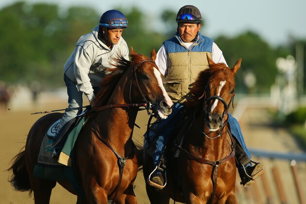 ELMONT, NY - MAY 31:  Kentucky Derby and Preakness winner California Chrome (left) with Jockey Victor Espinoza up trains next to Outrider Miguel Gutierrez at Belmont Park on May 31, 2014 in Elmont, New York. He is scheduled to race for the Triple Crown in the 146th running of the Belmont Stakes  (Photo by Al Bello/Getty Images)