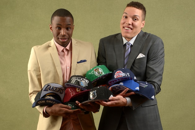 NEW YORK - MAY 20: NBA Draft prospects Andrew Wiggins and Aaron Gordon poses for portraits with the Draft Caps prior to the 2013 NBA Draft Lottery on May 20, 2014 at the NBA Headquarters in New York City.  NOTE TO USER: User expressly acknowledges and agrees that, by downloading and/or using this photograph, user is consenting to the terms and conditions of the Getty Images License Agreement. Mandatory Copyright Notice: Copyright 2014 NBAE (Photo by Jennifer Pottheiser/NBAE via Getty Images)