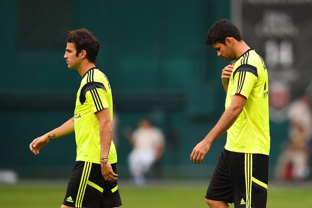 WASHINGTON, DC - JUNE 04:  Cesc Fabregas (L) and Diego Costa of Spain walk on the pitch during a training session of the Spain National Team at the Robert F. Kennedy Stadium on June 4, 2014 in Washington, DC.  (Photo by David Ramos/Getty Images)