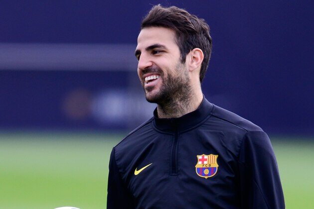 BARCELONA, SPAIN - MARCH 31:  Cesc Fabregas of FC Barcelona looks on  during a training session ahead the UEFA Champions League Quarter Final first leg match against Atletico de Madrid at Sant Joan Despi Sport Complex on March 31, 2014 in Barcelona, Spain.  (Photo by David Ramos/Getty Images)