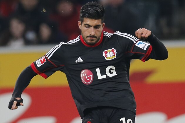 Leverkusen's Emre Can during the German first division Bundesliga soccer match between Borussia Moenchengladbach and Bayer 04 Leverkusen in Moenchengladbach, Germany, Friday, Feb. 7, 2014. (AP Photo/Frank Augstein)