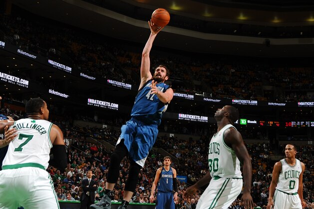 BOSTON, MA - DECEMBER 16: Kevin Love #42 of the Minnesota Timberwolves shoots the ball against the Boston Celtics on December 16, 2013 at the TD Garden in Boston, Massachusetts. NOTE TO USER: User expressly acknowledges and agrees that, by downloading and or using this photograph, User is consenting to the terms and conditions of the Getty Images License Agreement. Mandatory Copyright Notice: Copyright 2013 NBAE (Photo by Brian Babineau/NBAE via Getty Images) BOSTON, MA - DECEMBER 16: Kevin Love #42 of the Minnesota Timberwolves shoots the ball against the Boston Celtics on December 16, 2013 at the TD Garden in Boston, Massachusetts. NOTE TO USER: User expressly acknowledges and agrees that, by downloading and or using this photograph, User is consenting to the terms and conditions of the Getty Images License Agreement. Mandatory Copyright Notice: Copyright 2013 NBAE (Photo by Brian Babineau/NBAE via Getty Images)
