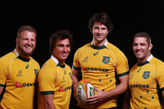 GOLD COAST, AUSTRALIA - JUNE 01:  James Slipper, Nick Phipps, Sam Carter and Matt Hodgson pose during an Australian Wallabies portrait session at Sanctuary Cove on June 1, 2014 in Gold Coast, Australia.  (Photo by Chris Hyde/Getty Images)