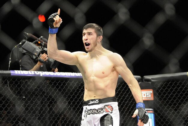 Dec 15, 2012; Las Vegas, NV, USA; Rookie Rustam Khabilov celebrates his win over Vinc Pichel (not pictured) during their lightweight undercard bout in the Ultimate Fighter Finale at The Joint at  the Hard Rock Hotel and Casino. Khabilov defeated Pichel by KO.  Mandatory Credit: Josh Holmberg-USA TODAY Sports