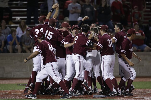 Stanford reacts to defeating Indiana 5-4 during an NCAA college baseball regional tournament game in Bloomington, Ind.,  Monday, June 2, 2014. (AP Photo/AJ Mast)
