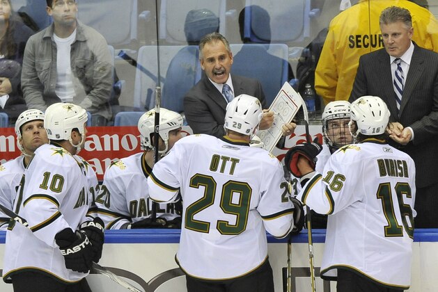 Dallas Stars Assistant Coach Willie Desjardins talks to players as Head Coach Marc Crawford listens at right during an NHL hockey game against the New York Islanders Saturday, Oct. 9, 2010, in Uniondale, New York. (AP Photo/Kathy Kmonicek) Dallas Stars Assistant Coach Willie Desjardins talks to players as Head Coach Marc Crawford listens at right during an NHL hockey game against the New York Islanders Saturday, Oct. 9, 2010, in Uniondale, New York. (AP Photo/Kathy Kmonicek)