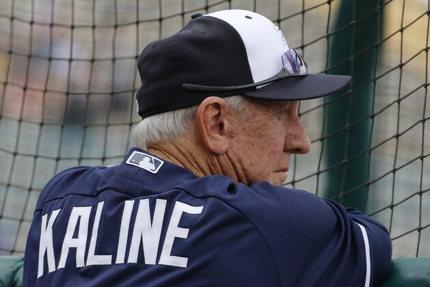 Detroit Tigers baseball Hall of Famer Al Kaline leans on the batting cage before an exhibition spring training baseball game between the Detroit Tigers and the Pittsburgh Pirates in Lakeland, Fla.,  Tuesday, March 4, 2014. (AP Photo/Gene J. Puskar)