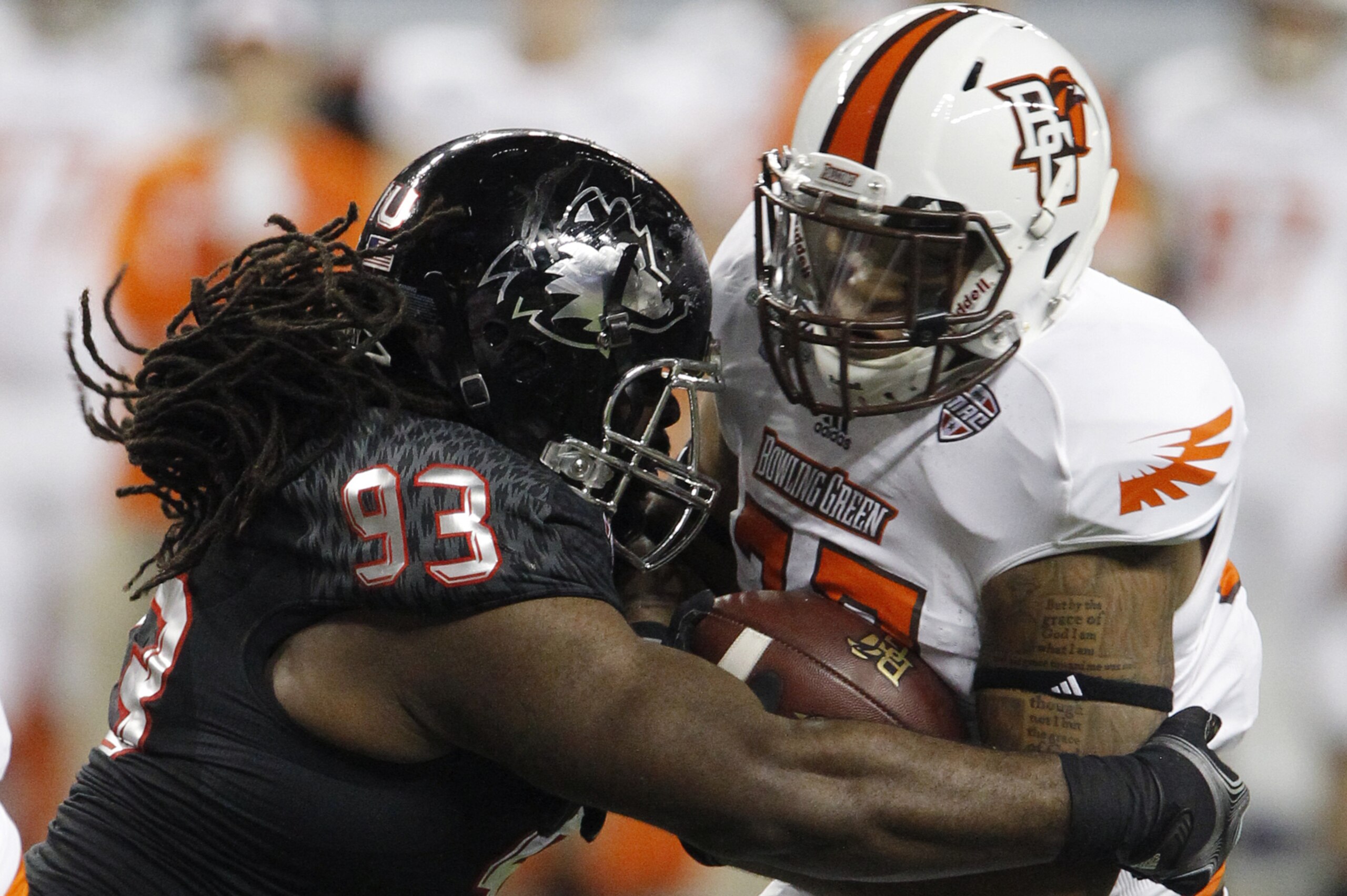 DETROIT, MI - DECEMBER 6: Running back William Houston #32 of the Bowling Green Falcons is tackled by defensive tackle Ken Bishop #93 of the Northern Illinois Huskies during the second half of the MAC Championship at Ford Field on December 6, 2013 in Detroit, Michigan. (Photo by Duane Burleson/Getty Images) DETROIT, MI - DECEMBER 6: Running back William Houston #32 of the Bowling Green Falcons is tackled by defensive tackle Ken Bishop #93 of the Northern Illinois Huskies during the second half of the MAC Championship at Ford Field on December 6, 2013 in Detroit, Michigan. (Photo by Duane Burleson/Getty Images)