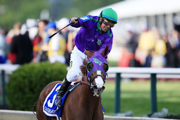 BALTIMORE, MD - MAY 17:  Victor Espinoza celebrates atop California Chrome #3 after winning the 139th running of the Preakness Stakes at Pimlico Race Course on May 17, 2014 in Baltimore, Maryland.  (Photo by Rob Carr/Getty Images)