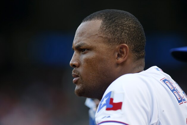 Texas Rangers third baseman Adrian Beltre watches from the dugout in the second inning of a baseball game against the Baltimore Orioles Tuesday, June 3, 2014, in Arlington, Texas. (AP Photo/Sharon Ellman)
