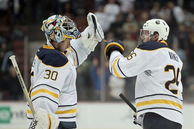 ANAHEIM, CA - FEBRUARY 29: Goaltender Ryan Miller #30 of the Buffalo Sabres is congratulated by Thomas Vanek #26 after shuting out the Anaheim Ducks 2-0 at Honda Center on February 29, 2012 in Anaheim, California. (Photo by Jeff Gross/Getty Images) ANAHEIM, CA - FEBRUARY 29: Goaltender Ryan Miller #30 of the Buffalo Sabres is congratulated by Thomas Vanek #26 after shuting out the Anaheim Ducks 2-0 at Honda Center on February 29, 2012 in Anaheim, California. (Photo by Jeff Gross/Getty Images)