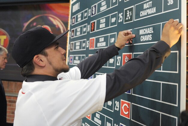 Shortstop Michael Chavis from Sprayberry Senior High School in Marietta, Georgia, posts his name on the board at the 2014 MLB baseball draft Thursday, June 5, 2014, in Secaucus, N.J. Chavis was selected by the Boston Red Sox with the 26th pick in the first round. (AP Photo/Bill Kostroun)