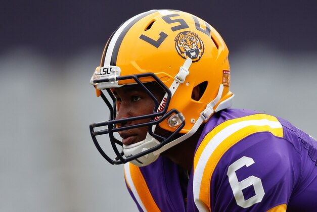 Apr 5, 2014; Baton Rouge, LA, USA; LSU Tigers quarterback Brandon Harris (6) during the 2014 spring game at Tiger Stadium. Mandatory Credit: Derick E. Hingle-USA TODAY Sports