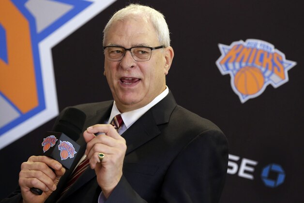 New York Knicks new team president Phil Jackson responds to a question during a news conference where he was introduced, at New York's Madison Square Garden, Tuesday, March 18, 2014. Jackson signed a five-year contract that will reportedly pay him at least $12 million annually and said he will spend significant time in New York.  (AP Photo/Richard Drew)
