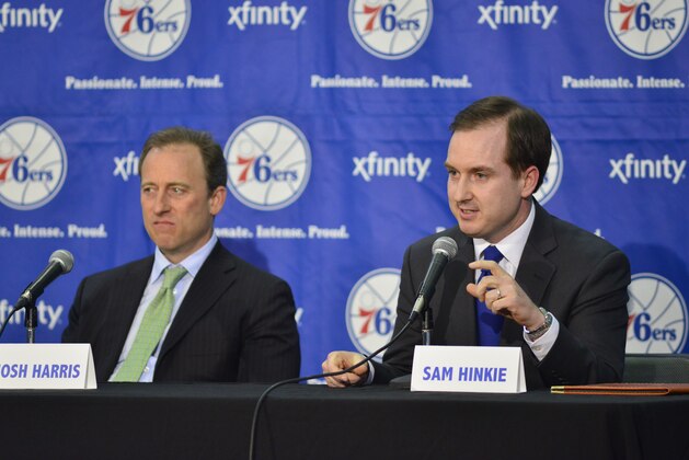 PHILADELPHIA - MAY 14:  Managing Owner Josh Harris of the Philadelphia 76ers introduces Sam Hinkie as President of Basketball Operations and General Manager during a press conference on May 14, 2013 in Philadelphia, Pennsylvania. NOTE TO USER: User expressly acknowledges and agrees that, by downloading and or using this photograph, User is consenting to the terms and conditions of the Getty Images License Agreement. Mandatory Copyright Notice: Copyright 2013 NBAE  (Photo by David Dow/NBAE via Getty Images)