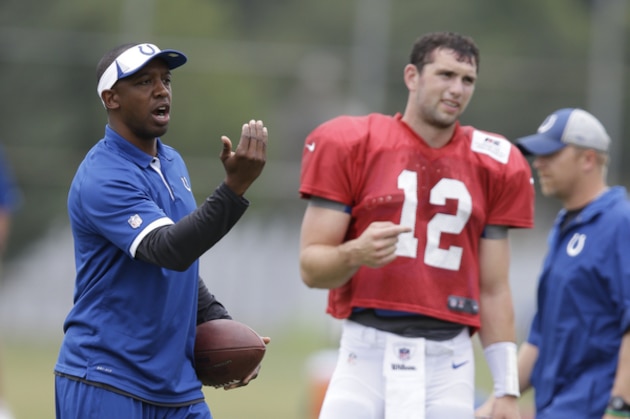 Indianapolis Colts offensive coordinator Pep Hamilton, left, works with Andrew Luck during practice at the NFL team's football training camp in Anderson, Ind., Tuesday, July 30, 2013.  (AP Photo/Michael Conroy)