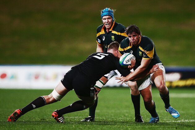 AUCKLAND, NEW ZEALAND - JUNE 06: Corniel Els of South Africa charges forward during the 2014 Junior World Championship match between New Zealand and South Africa at QBE Stadium on June 6, 2014 in Auckland, New Zealand.  (Photo by Hannah Peters/Getty Images)