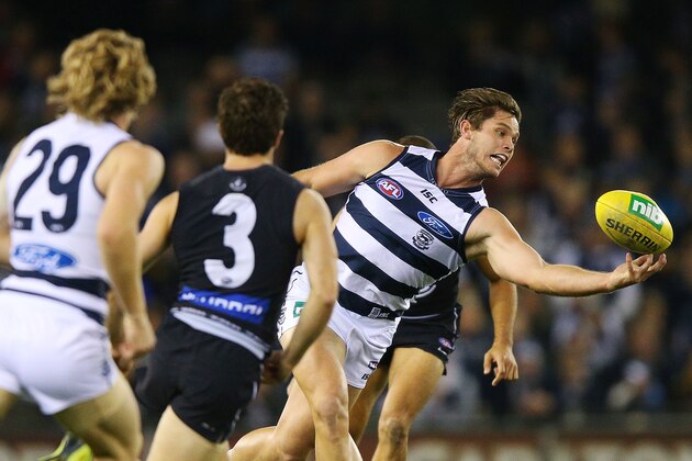 MELBOURNE, AUSTRALIA - JUNE 06: Tom Hawkins of the Cats marks the ball during the round 12 AFL match between the Geelong Cats and the Carlton Blues at Etihad Stadium on June 6, 2014 in Melbourne, Australia.  (Photo by Michael Dodge/Getty Images)
