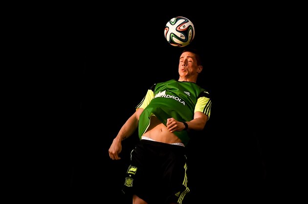 WASHINGTON, DC - JUNE 03:  Fernando Torres of Spain heads the ball during a training session of the Spain National Team at the Robert F. Kennedy Stadium on June 3, 2014 in Washington, DC.  (Photo by David Ramos/Getty Images)