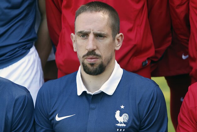 France's forward Franck Ribery poses for the team picture at the French national football team's training base, in Clairefontaine, outside Paris, Friday, June 6, 2014 as part of France's national football team's preparation for the upcoming FIFA 2014 World Cup in Brazil. (AP Photo/Francois Mori)