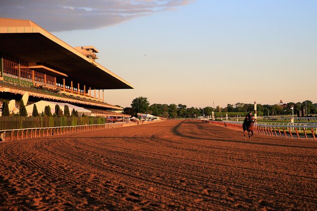 ELMONT, NY - JUNE 06: Horses train on the track at Belmont Park on June 6, 2014 in Elmont, New York. The the 146th running of the Belmont Stakes is Saturday.  (Photo by Rob Carr/Getty Images)