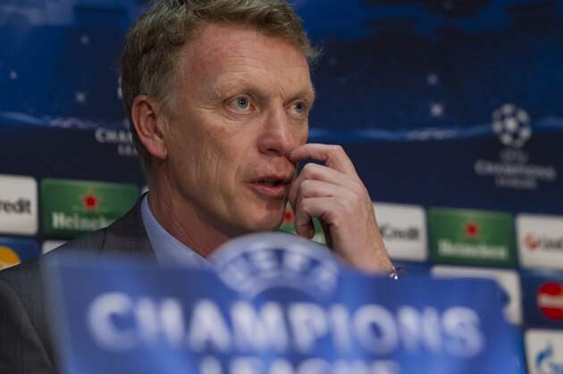 Manchester United's manager David Moyes speaks during a press conference at Old Trafford Stadium, Manchester, England, Monday, March 31, 2014. Manchester United will play Bayern Munich in a Champions League quarter final first leg soccer match on Tuesday. (AP Photo/Jon Super)