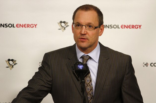 PITTSBURGH, PA - APRIL 13:  Head coach Dan Bylsma of the Pittsburgh Penguins addresses the media after the game against the Ottawa Senators at Consol Energy Center on April 13, 2014 in Pittsburgh, Pennsylvania.  The Senators defeated the Penguins 3-2 in a shootout.  (Photo by Justin K. Aller/Getty Images)
