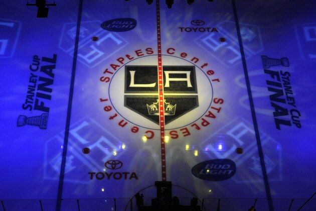 LOS ANGELES, CA - JUNE 4:  Center ice is seen from overhead before Game One of the 2014 NHL Stanley Cup Final between the New York Rangers and the Los Angeles Kings at Staples Center on June 4, 2014 in Los Angeles, California. (Photo by Juan Ocampo/NHLI via Getty Images)
