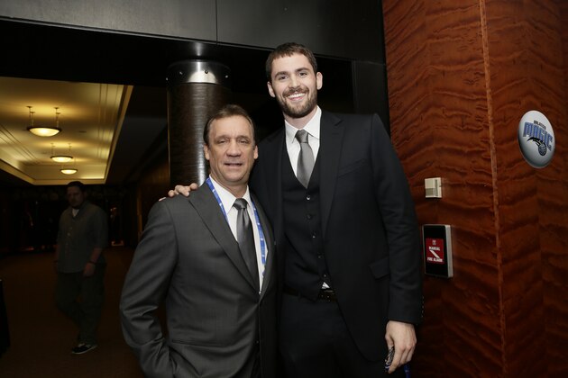 NEW YORK, NY - MAY 21: President of Basketball Operations Flip Saunders and Kevin Love of the Minnesota Timberwolves poses for a photo prior to the 2013 NBA Draft Lottery on May 21, 2013 at the Millennium Hotel in New York City. NOTE TO USER: User expressly acknowledges and agrees that, by downloading and/or using this photograph, user is consenting to the terms and conditions of the Getty Images License Agreement.  Mandatory Copyright Notice: Copyright 2013 NBAE (Photo by Steven Freeman/NBAE via Getty Images)