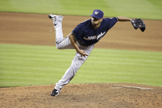 Milwaukee Brewers relief pitcher Francisco Rodriguez follows through on a delivery in the ninth inning during a baseball game against the Miami Marlins, Sunday, May 25, 2014, in Miami. The Brewers defeated the Marlins 7-1. (AP Photo/Lynne Sladky)