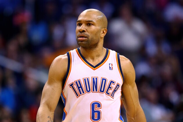 Mar 6, 2014; Phoenix, AZ, USA; Oklahoma City Thunder guard Derek Fisher (6) against the Phoenix Suns at the US Airways Center. Mandatory Credit: Mark J. Rebilas-USA TODAY Sports