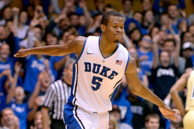 DURHAM, NC - JANUARY 07:  Rodney Hood #5 of the Duke Blue Devils reacts after making a three-point basket against the Georgia Tech Yellow Jackets during their game at Cameron Indoor Stadium on January 7, 2014 in Durham, North Carolina. Duke won 79-57.  (Photo by Grant Halverson/Getty Images)