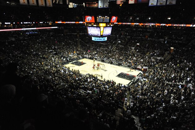 Jun 5, 2014; San Antonio, TX, USA; A general view of the tip-off for the game with the San Antonio Spurs playing against the Miami Heat in game one of the 2014 NBA Finals at AT&T Center. Mandatory Credit: Brendan Maloney-USA TODAY Sports