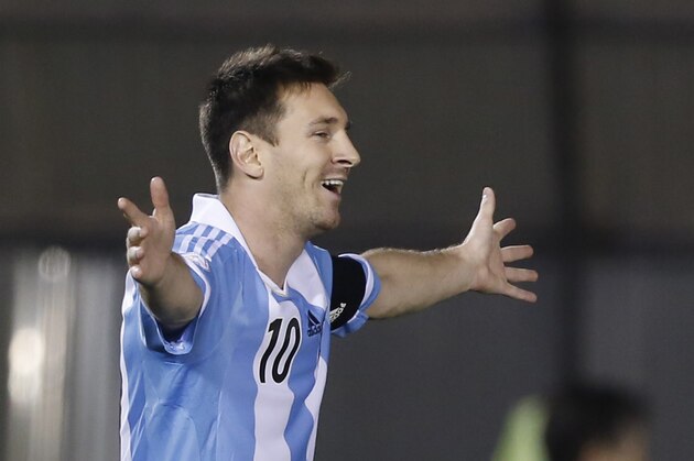 FILE - In this  Sept. 10, 2013 file photo, Argentina's Lionel Messi celebrates after scoring against Paraguay during a World Cup qualifying soccer game in Asuncion, Paraguay. Messi will be the linchpin in Argentina's hopes to take home the World Cup. (AP Photo/Jorge Saenz, File)