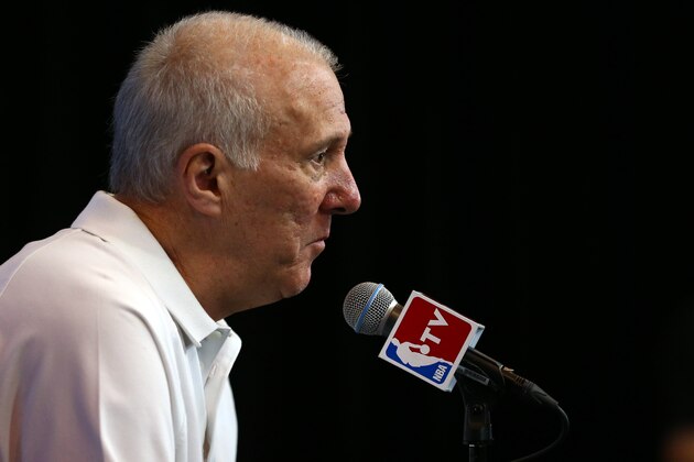 SAN ANTONIO, TX - JUNE 06:  Gregg Popovich of the San Antonio Spurs speaks to the media on a practice day following Game One of the 2014 NBA Finals against the Miami Heat at the Spurs Practice Facility on June 6, 2014 in San Antonio, Texas. NOTE TO USER: User expressly acknowledges and agrees that, by downloading and or using this photograph, User is consenting to the terms and conditions of the Getty Images License Agreement.  (Photo by Andy Lyons/Getty Images)