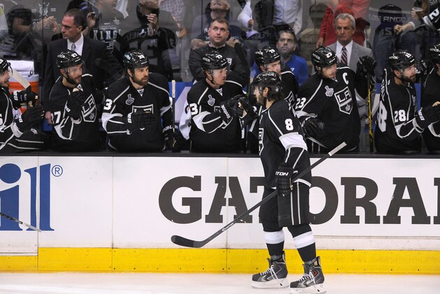 LOS ANGELES, CA - JUNE 4:  Drew Doughty #8 of the Los Angeles Kings celebrates with his teammates after scoring a goal in the second period of Game One of the 2014 NHL Stanley Cup Final against the New York Rangers at Staples Center on June 4, 2014 in Los Angeles, California. (Photo by Juan Ocampo/NHLI via Getty Images)