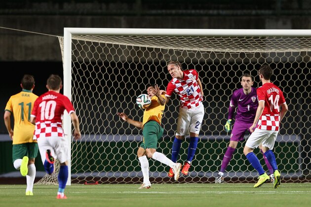 SALVADOR, BRAZIL - JUNE 06: Tim Cahill of the Socceroos controls the ball in front of goal during the International Friendly match between Croatia and the Australian Socceroos at Pituacu Stadium on June 6, 2014 in Salvador, Brazil.  (Photo by Cameron Spencer/Getty Images)
